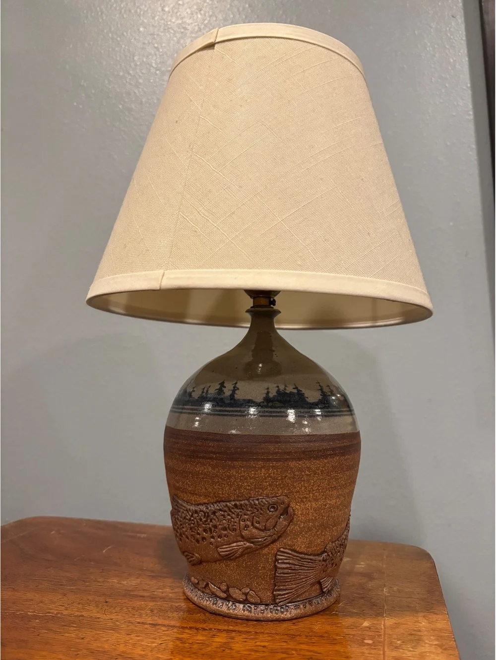 Vintage Gricus Pottery Trout Table Lamp, Handmade Studio Stoneware. Maine Made